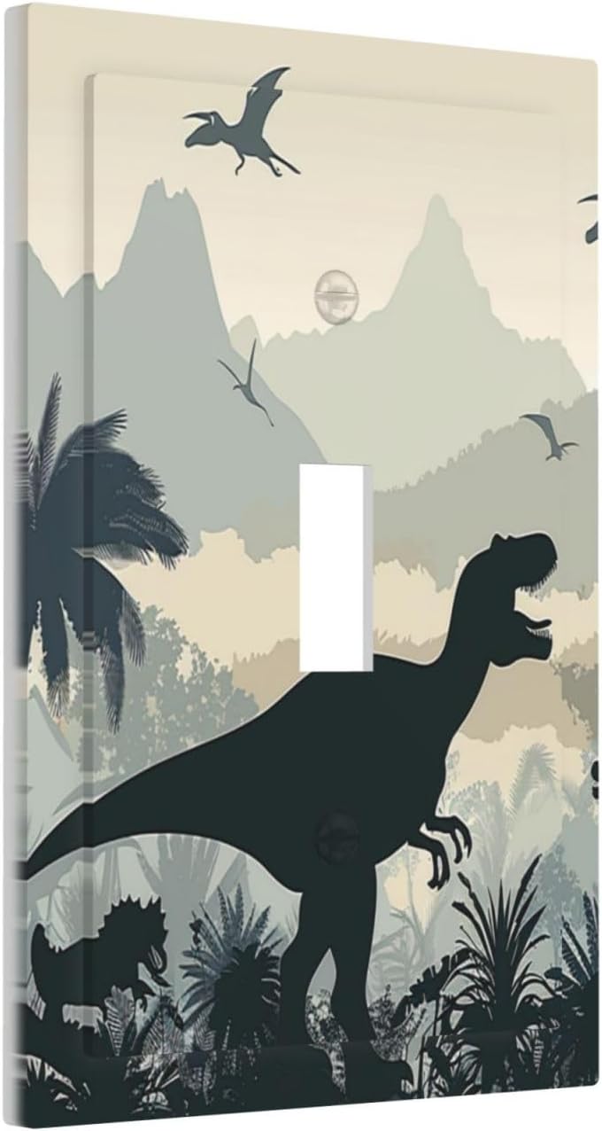 Decorative Light Switch Cover Prehistoric World Dinosaur Cartoon Fores 1 Gang Single Toggle Device Electrical Faceplate Switchplates Decorator Outlet Wall Plate for Kids Room Nursery