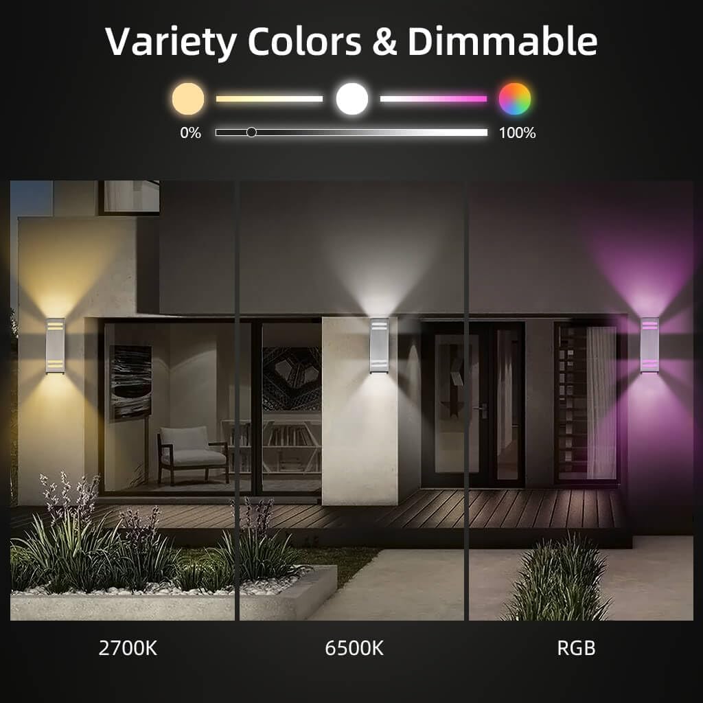 KIZON Smart RGB Outdoor Wall Light Dusk to Dawn, Voice & App Control Smart Porch Lights, Dimmable Up and Down Wall Sconce Stainless Steel Waterproof Exterior Light Fixture, Works with Alexa, 2 Pack
