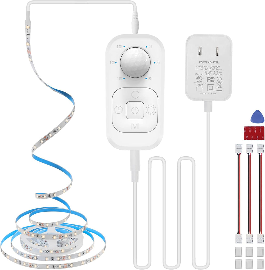 Motion Sensor Under Cabinet Lights - Plug-in LED Strip Lights Indoor with Power Adapter, Dimmer and Timer for Kitchen Cabinet, Counter, Shelf, Showcase, Stairway, Bedroom, Corridor, Washroom