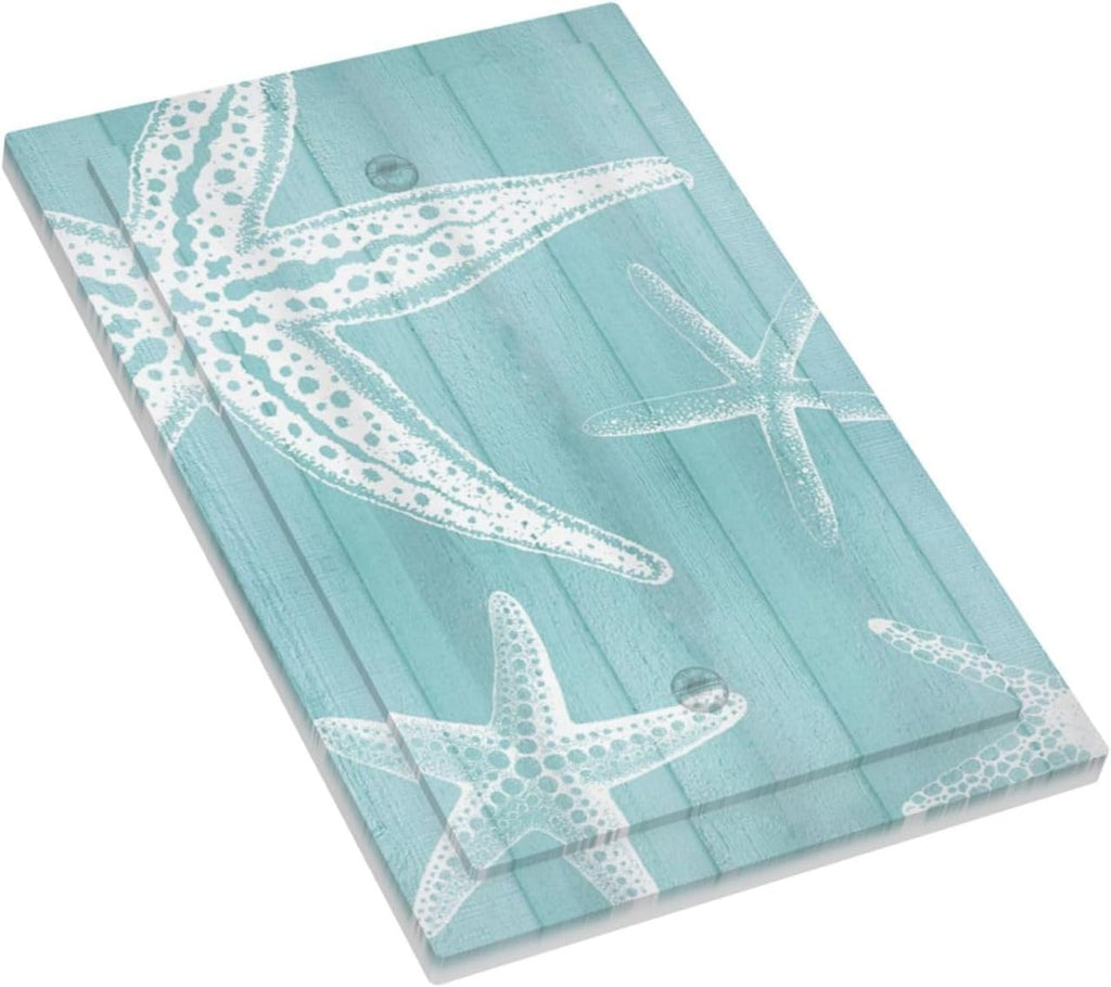 Decorative Light Switch Cover Plate Starfish Teal Wood Board Nautical 1 Gang No Device Single Blank Outlet Covers Wall Plates for Electrical Outlets Faceplate for Bedroom Home Decor