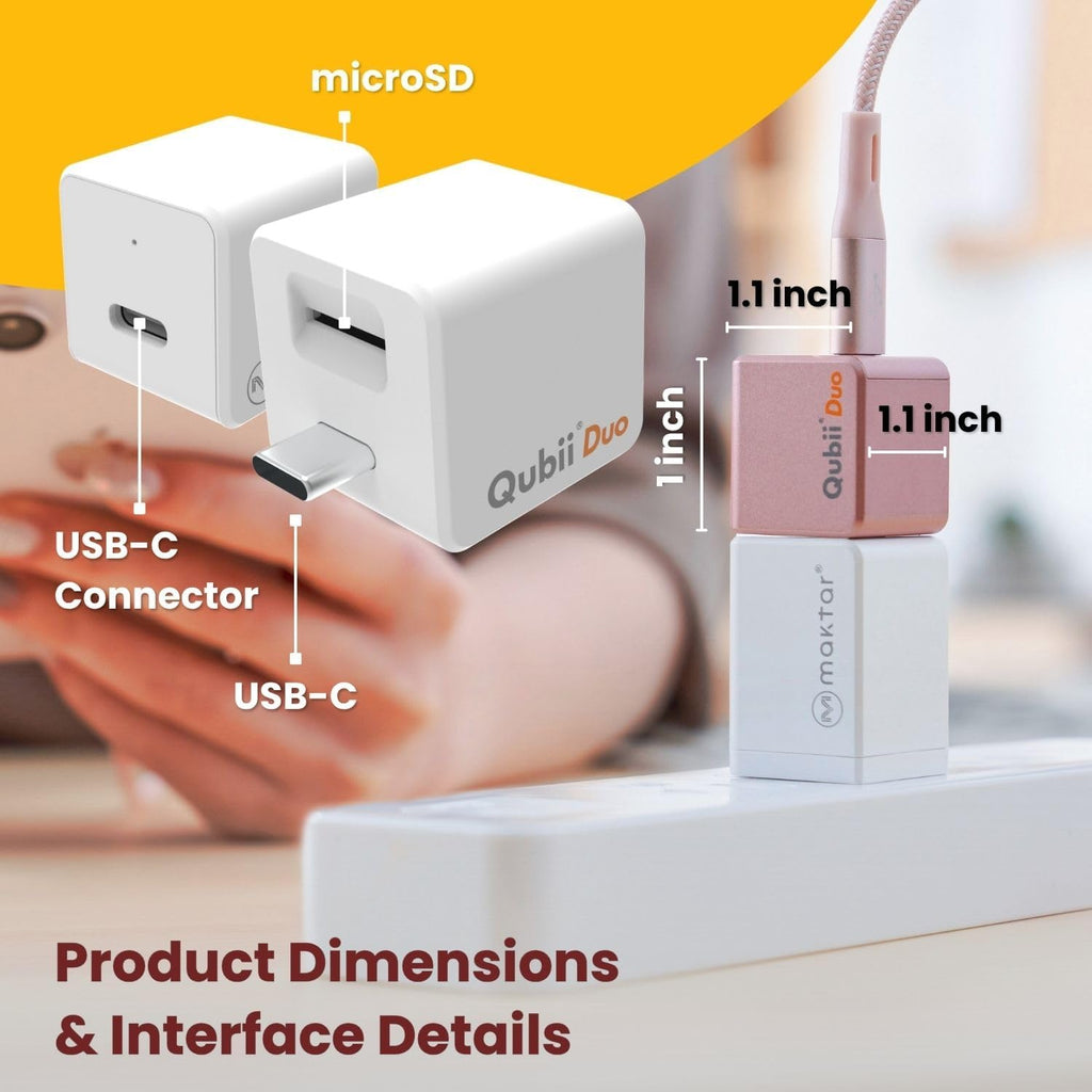MAKTAR Qubii Duo Automatic Backup Cube with USB-C Cable and 128GB microSD Card, for iPhone/Android Photo and Video Backup