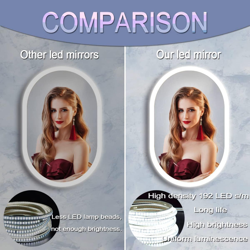 36 x 24 Inch Oval Backlit Mirror 3 Color Adjustable Brightness Backlits Oval Lighted Vanity Mirror for Bathroom Wall Horizontal Vertical Mount Antifog 36" Frameless LED Backlit Ovals Mirrors