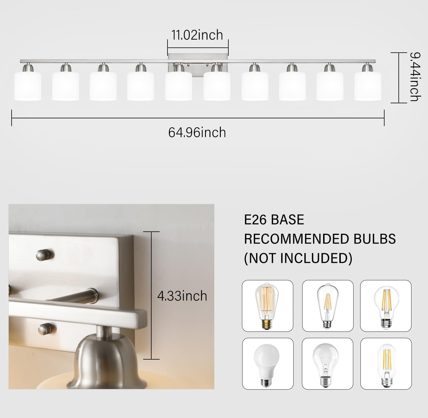 Brushed Nickel Bathroom Vanity Light for Giant Mirror, 10 Light Brushed Nickel Vanity Lights, 65 inch Wall Lamps for Bedroom for Mirrors with Milky White Frosted Glass Shades, E26