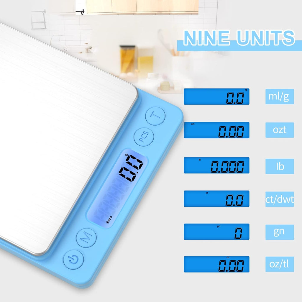 Digital Food Scale for Food Ounces and Grams，YONCON 3000g/0.1g Accuracy Multifunctional Kitchen Scale for Cooking, Baking | Small Size for Easy Storage | 2 Trays，Tare Function
