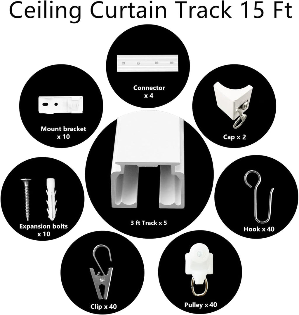 Ceiling Mount Curtains Track Room Divider Privacy Partition Separator Curtain Tracks Rods Heavy Duty RV Shower Outdoor Rail Clip Hook Set, White 3-15ft