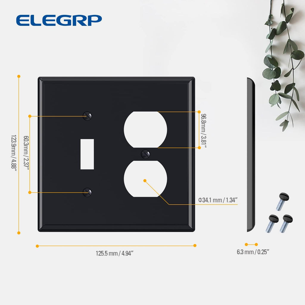 Combination Wall Plate ELEGRP 1-Toggle Light Switch 1-Duplex Receptacle Outlet Combination Wall Plate Cover, Mid-Size 4.88" x 4.94" Unbreakable Thermoplastic Faceplate Cover, UL Listed (2 Pack, black)