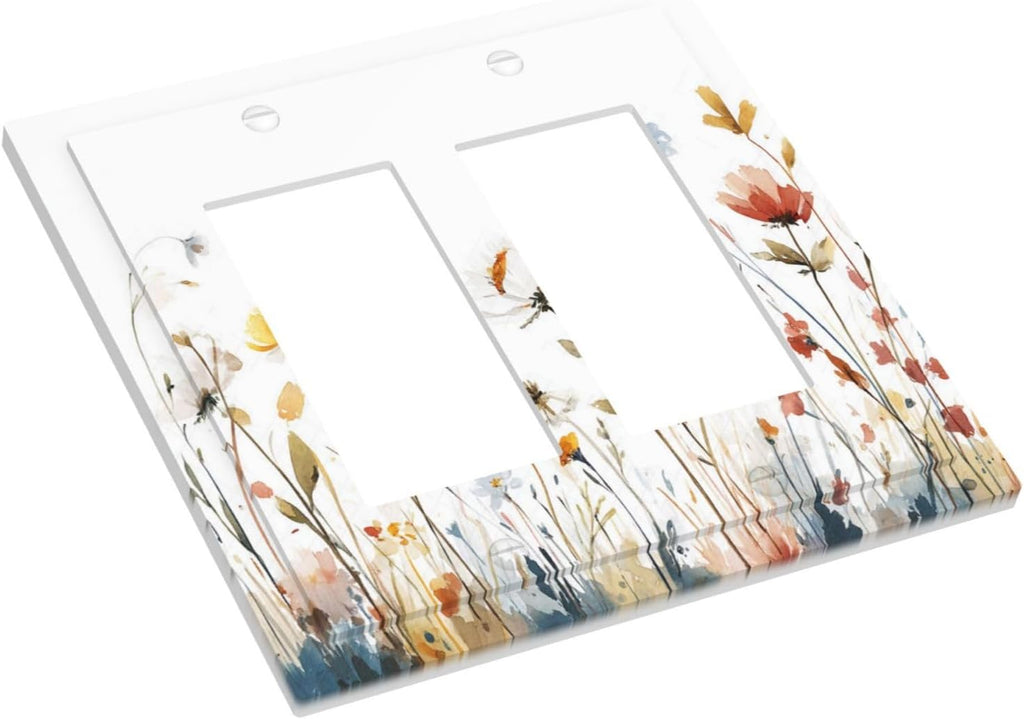Watercolor Wildflower Colorful Floral Plant Decorative Outlet Covers 2 Gang Double GFCI Rocker Electrical Wall Panels Light Switch Cover Plate for Bed Room Living Room Decor