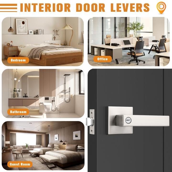 Probrico Interior Brushed Nickel Door Handle, Heavy Duty, Flat Square Privacy Door Handles, Keyless Door Levers Lockset for Bedroom and Bathroom (6 Pack, Modern)