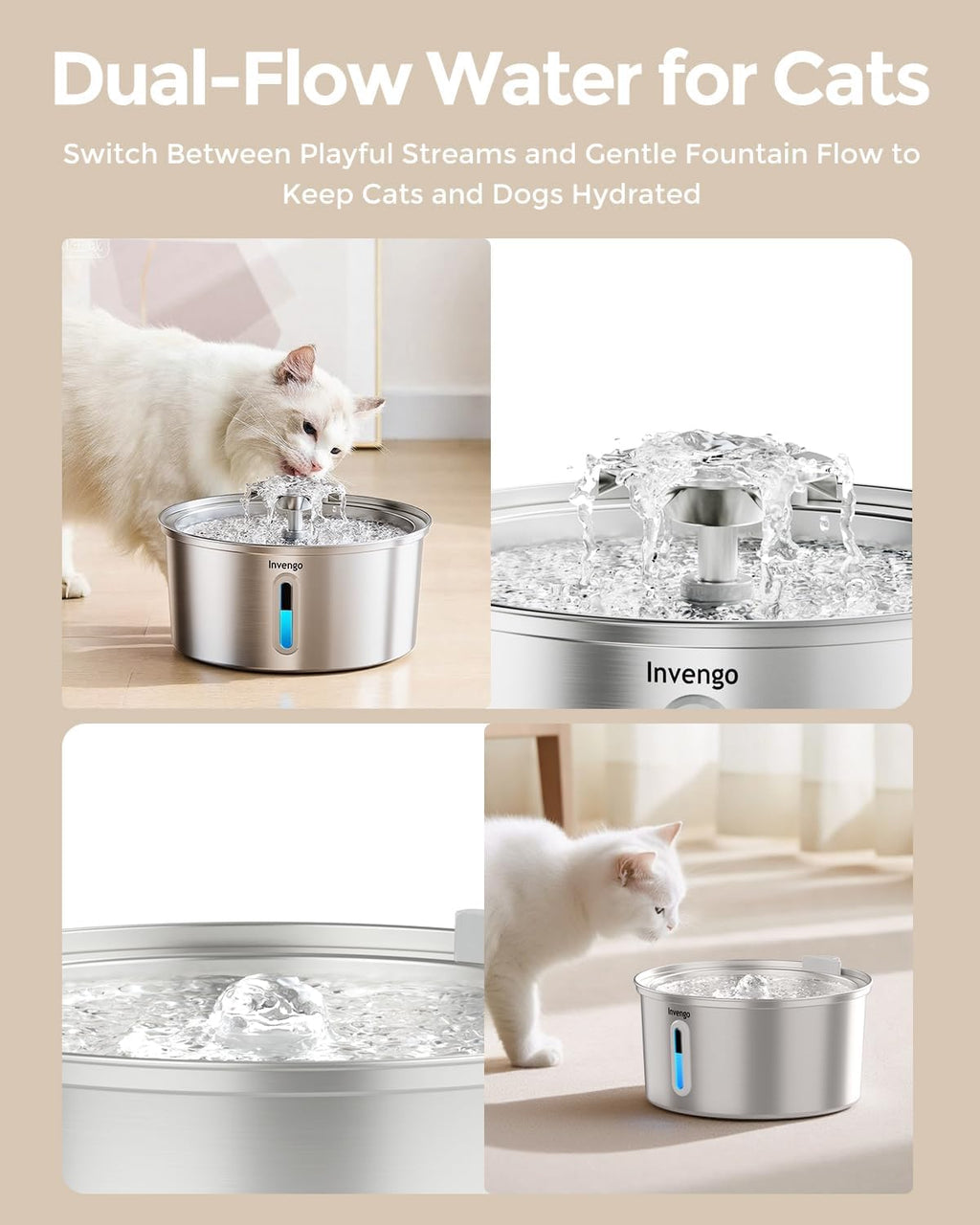 Cat Water Fountain Stainless Steel 3.2L/108oz, Invengo Automatic Pet Fountain for Cats & Dogs, Ultra Quiet <25 dB Pump, Includes 4 Replacement Filters & Sponges, LED Water Level Window, Easy to Clean