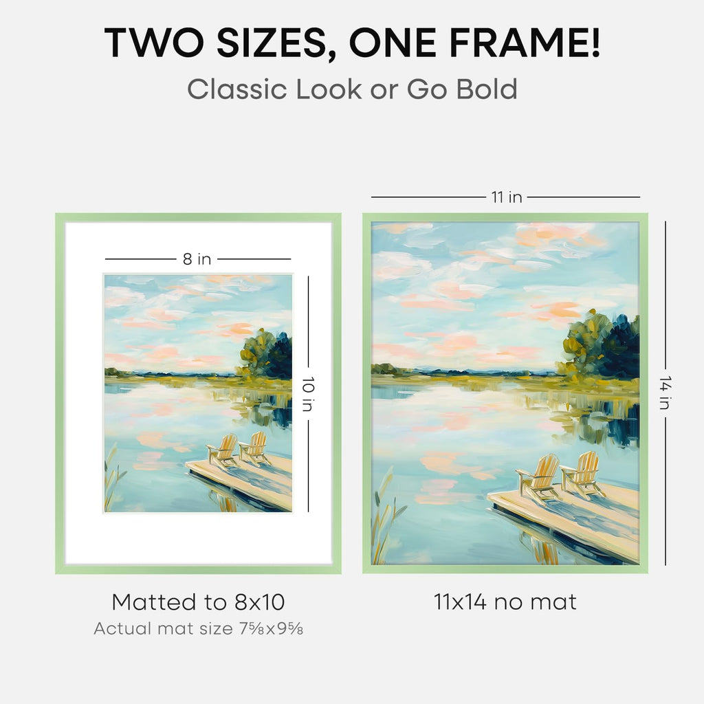Homeforia 11x14 Picture Frame Sage Green, High End Metal 11x14 Wall Hanging Frame with Mat 8x10, 11 x 14 Poster Frame Matted to 8 x 10 inch Photo, 14x11 Thin Frames, Tempered Glass, Wall Kit, Set of 2