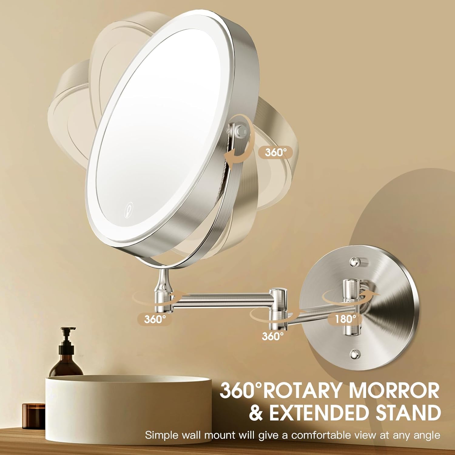 Wall Mounted Lighted Makeup Mirror, 8" Rechargeable Double-Sided Light up Magnifying Mirror 1x/10x, 3 Color Led Vanity Mirror with Lights, Touch Dimmable 360° Rotation Foldable-Nickel