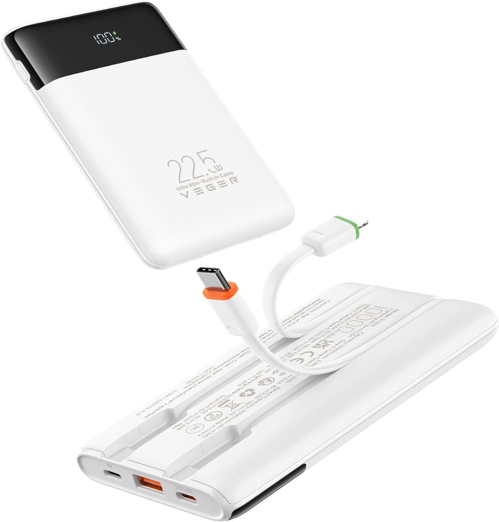 VEGER Portable Charger with Built in Cables, Slim 10000mAh PD 22.5W Fast Charging USB C Power Bank, 4 Outputs 3 Inputs Battery Pack Compatible with iPhone 16 15 14 13 Samsung iPad - Travel Essential