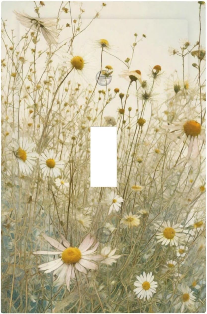 White Wildflowers Daisy Vintage Floral Decorative Light Switch Cover 1 Gang Single Toggle Device Electrical Faceplate Switchplates Decorator Outlet Wall Plate for Bed Room Living Room Decor