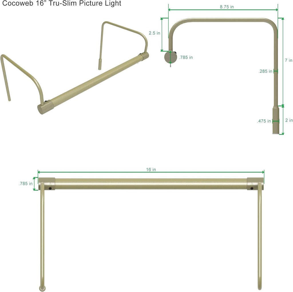 Cocoweb 16 Inch Tru-Slim Antique Brass Picture Light - LED, 2700K, Adjustable Arm, Plug-in, Toggle Switch, Sleek and Compact Design