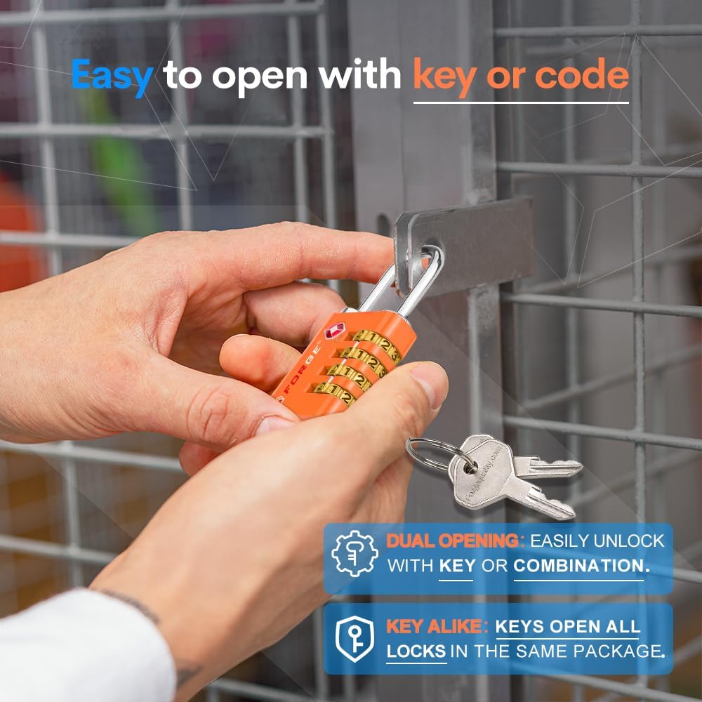 Forge Dual-Opening: Key or Combination Access Lock, TSA Approved Locks for Luggage, Pelican case, Travel, Gym, School, Stainless Steel Shackle.(Orange, 2 Pk)