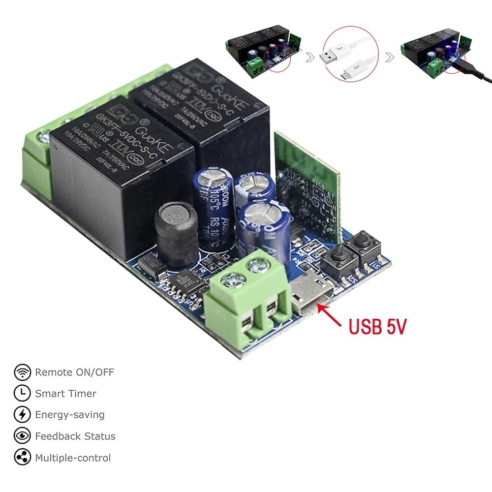 Ewelink WiFi Wireless Smart Relay Module USB 5v 2 Channel Momentary Toggle Latching 7V-48V Remote Switch Transmitter for Access Control, Garage Door,Home Automation, Compatible with Alexa Google Home