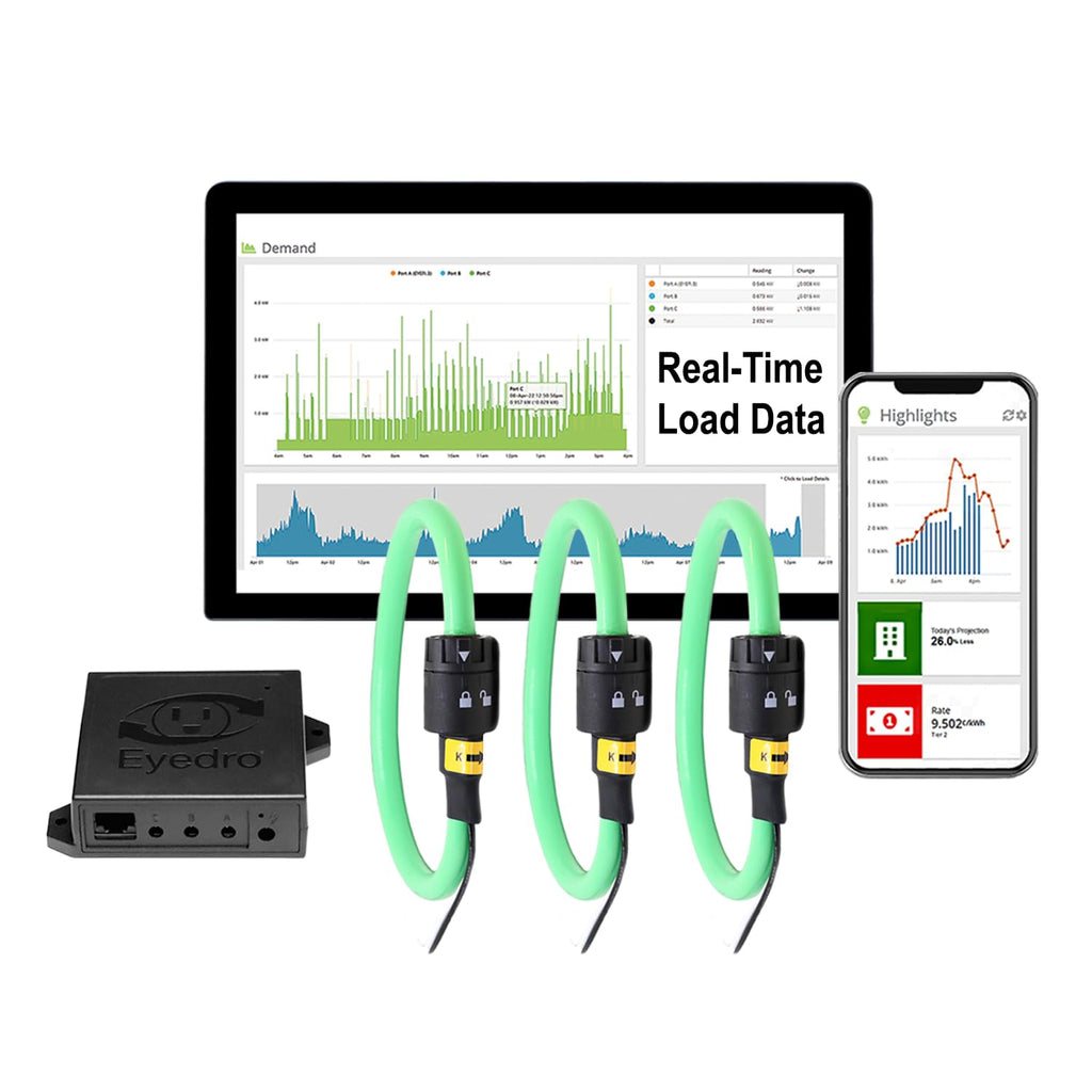 Eyedro 3-Phase Commercial & Industrial Energy Meter - Real-Time kWh/W/A/V/PF/$/True Power Data -Solar & Net Metering -WiFi (2.4GHz)/Ethernet - Up to 600V - 3×1000A Flex Sensor (110mm/4 inch Opening)