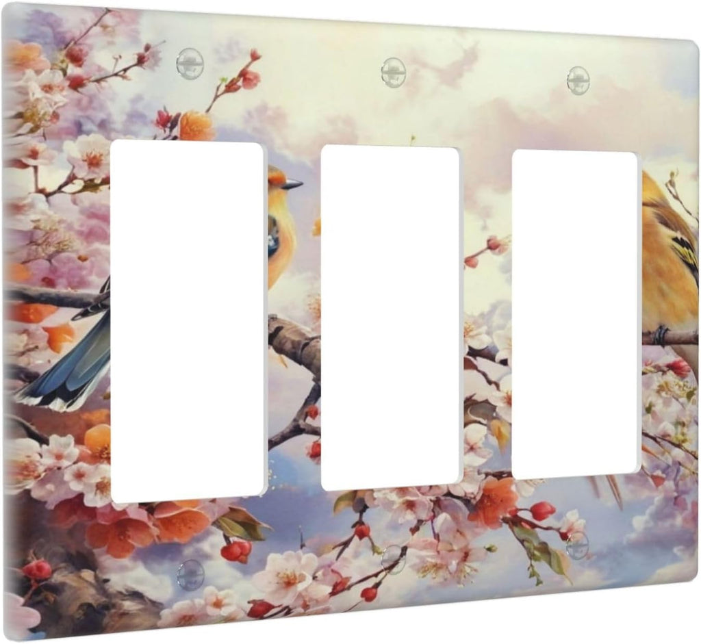 Birds Sitting on Flowers Tree Branch 3 Gang Rocker Triple Outlet Wall Plate Decorative Switch plate Cover Faceplate GFCI Light Switch Covers for Farmhouse Living Decor