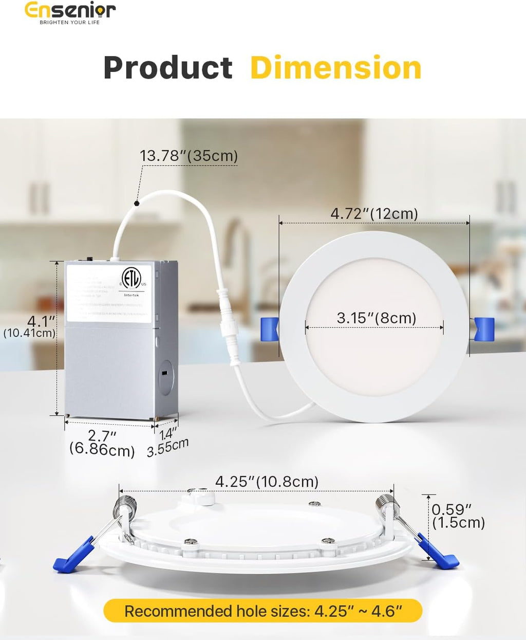 Ensenior 12 Pack 4 Inch LED Recessed Ceiling Light, Dimmable, 5000K Daylight, 750LM 9W 120V, High Brightness Canless Wafer Downlight - ETL&FCC&IC