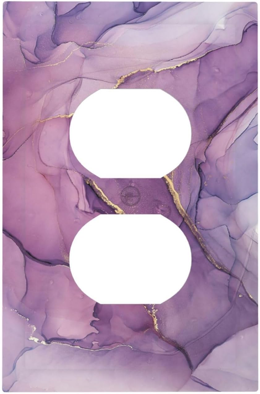 Outlet Covers Purple Marbling Golden Line 1 Gang Duplex Wall Plate Decorative Switch Plates Electrical Receptacle Faceplate Light Switch Cover for living Room Bathroom Decor