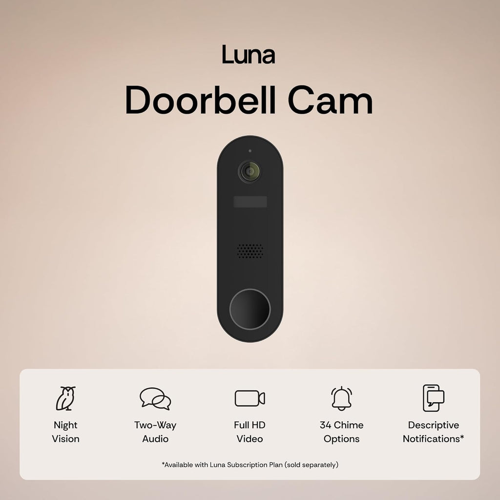 Luna Doorbell Camera Wireless, AI Human/Package Detection, Instant Alerts, Night Vision, 2-Way Audio, Battery/Wired Powered, Cloud Storage, 2.4GHz Wi-Fi Smart Video Doorbell with Chime