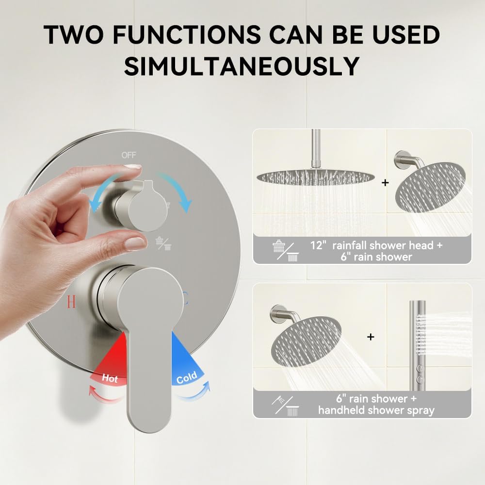 Shower Systems Shower Faucet Sets STARBATH 3 Way 12+6" Round Dual Rainfall Shower Head with Handheld Spray, Ceiling Mounted Rain Shower Valve with 5 Diverter and Trim Kit Complete, Brushed Nickel