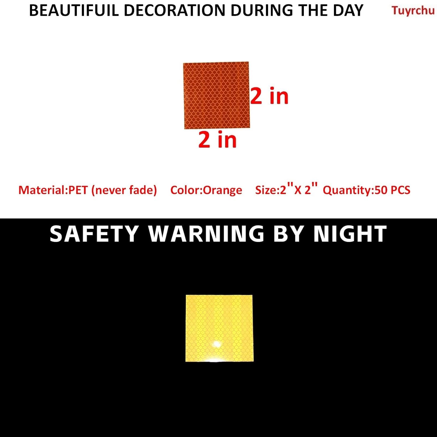 Non Fading Orange Reflective Stickers 2 inch X 2 inch, Outdoor Waterproof High Visibility Warning Safety Adhesive Reflector Tape (50 Pcs)