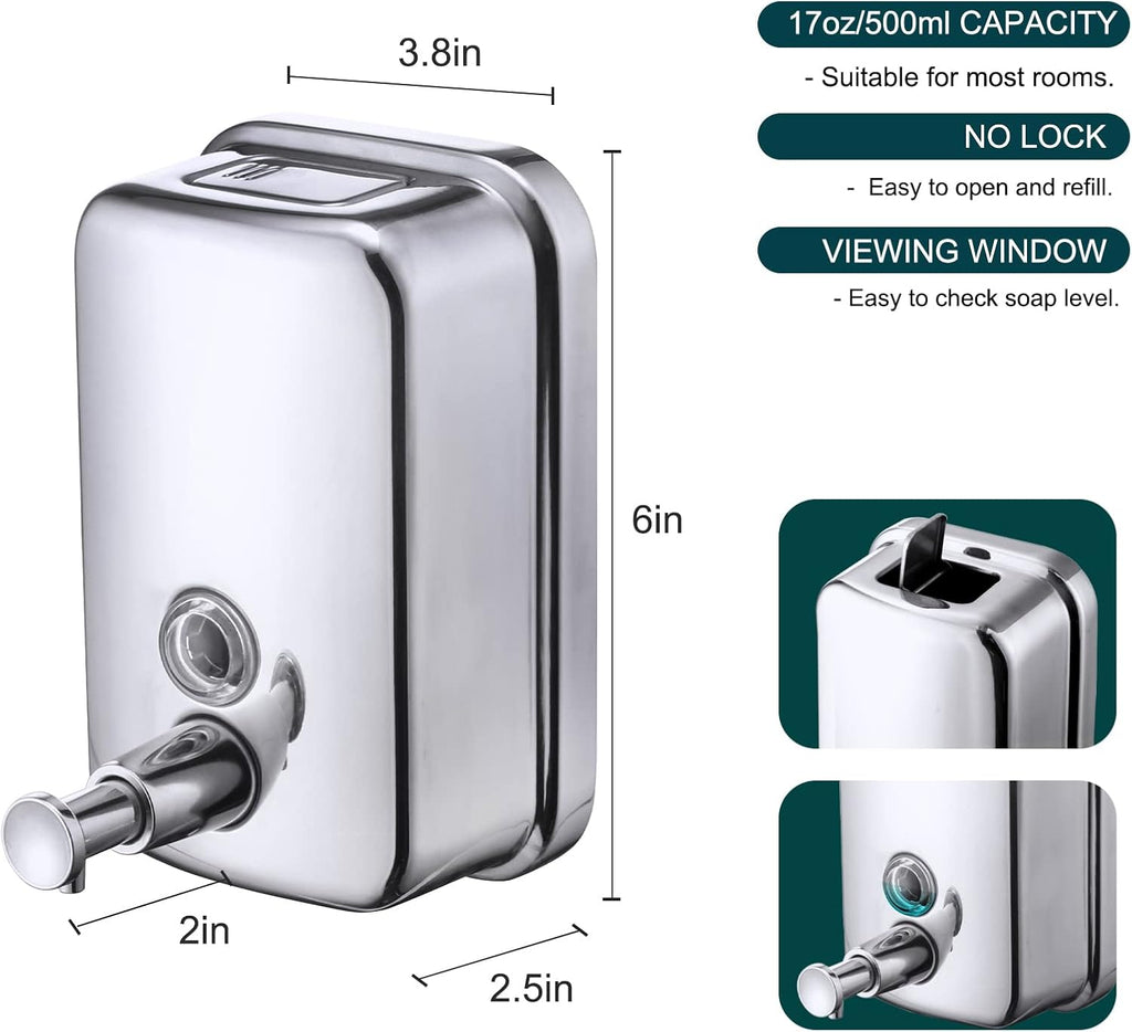 Commercial Soap Dispenser Wall Mount Stainless Steel Manual Liquid Pump Rust-Proof Leak Free for Bathroom (17 fl oz / 500ml)