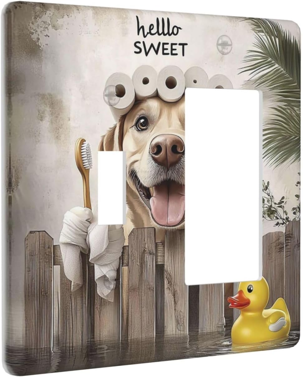 Funny Dog Rustic Farmhouse Wooden Fence Labrador Outlet Covers 1 Toggle 1 Rocker Combination Decorative Wall Plate Electrical Switch Plates Light Switch Cover Plate For Kids Room Bathroom Decor