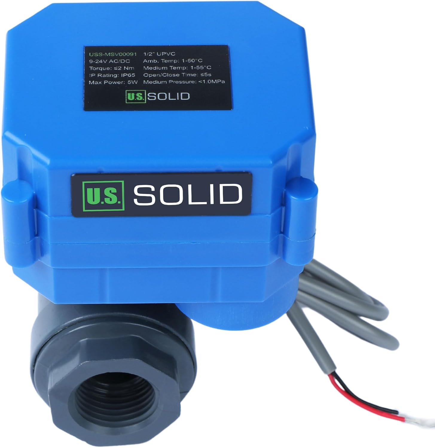 U.S. Solid 1/2 in UPVC Motorized Ball Valve - Plastic Electrical Ball Valve with Full Port, 2 Wire Auto Return, 9-36V AC/DC, Normally Closed
