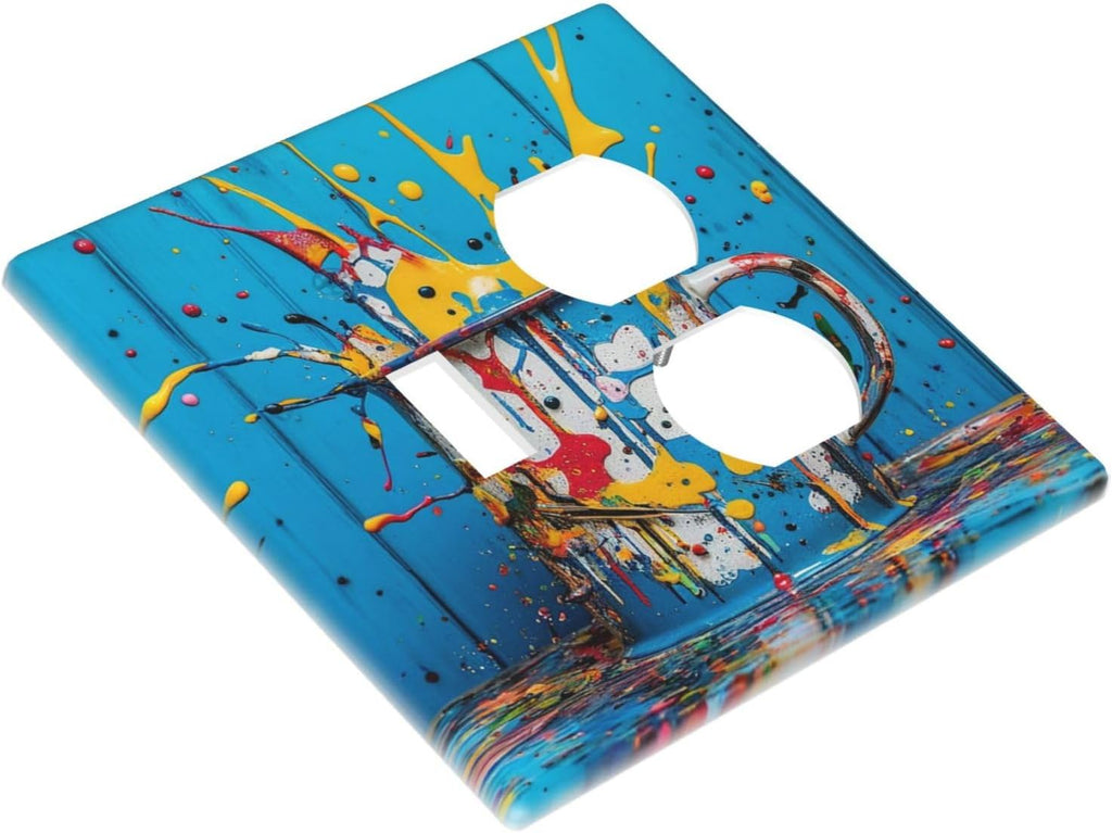Decorative Outlet Covers Colorful Paint Splatters Blue Wood Plank 2 Gang Wall Plate Cover Single Toggle Duplex Combo Two Switch Light Switch Cover Plate Jumbo Faceplate