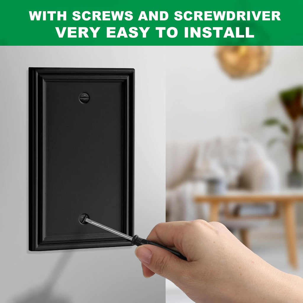 Black Modern Decorative Wall Plate Light Switch Cover Decorator Outlet Covers Rocker Switch Plates Bamboo Fiber Material Wall Plates for Kitchen Bathroom (1 Gang Single Blank-4 Pack)