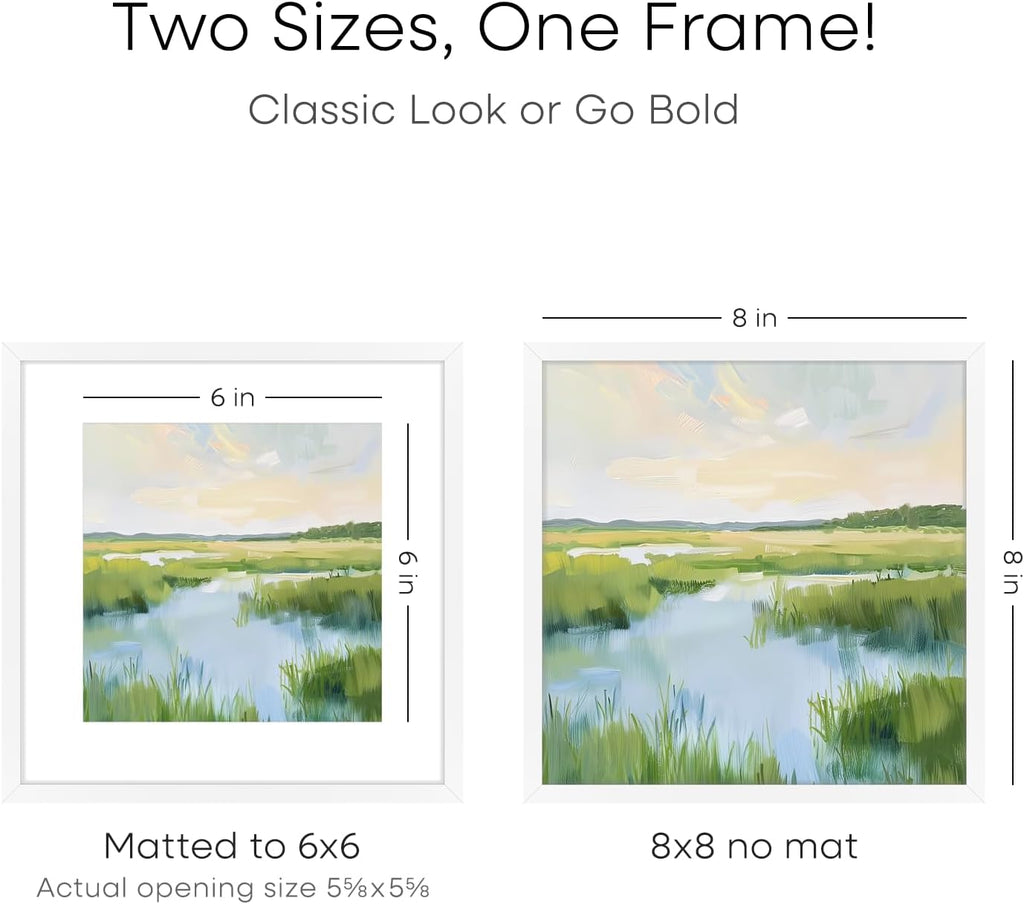 Homeforia 8x8 White Picture Frame, High End Metal 8 x 8 Square Photo Frames with Mat 6 by 6, 8x8 Poster Frame Matted to 6x6 inch Print, 8by8 Wall or Tabletop Frames, Tempered Glass, Wall Kit, Set of 1