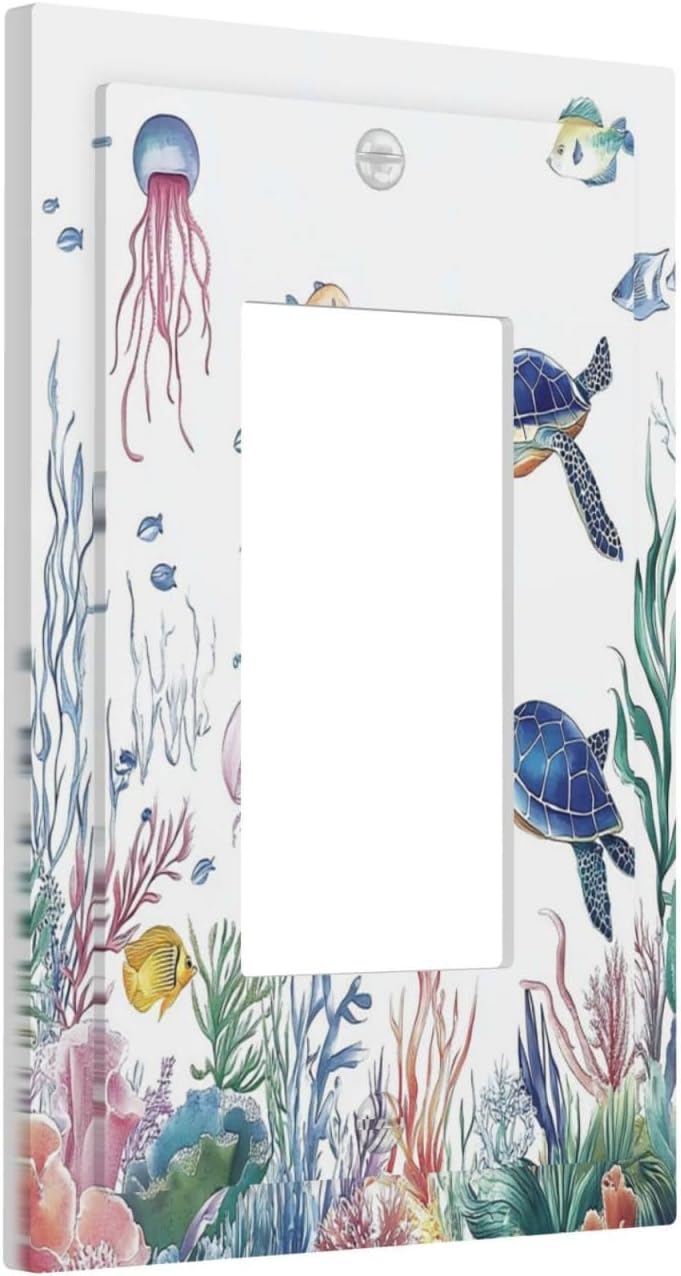 Blue Sea Turtle Ocean Fish Octopus Coral Decorative Outlet Covers 1 Gang Single Rocker Light Switch Cover Plate Wall Plates Gfci Faceplate For Bathroom Kids Room Decor
