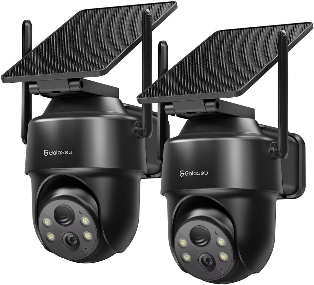 GALAYOU 2K Cameras for Home Security-2.4G WiFi Outdoor Camera Wireless Solar/Battery Powered, 360° PTZ Color Night Vision, PIR Detection, SD/Cloud Storage, Waterproof, Work with Alexa, R1 2P Black