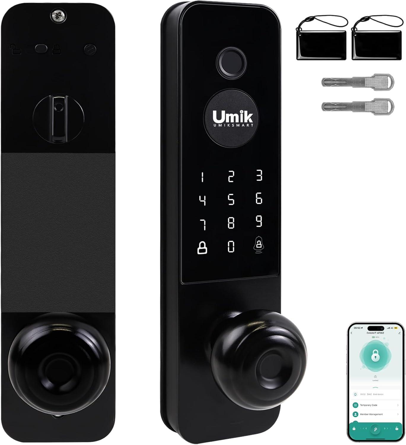 Smart Door Lock, Keyless Entry Fingerprint Door Lock with Knob, Electronic Smart Door Knob with Digital Keypad, App Remote Control, WiFi Smart Deadbolt Lock for Front Door, Matte Black