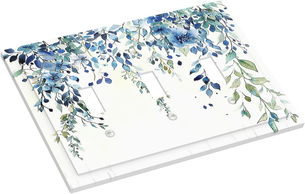 Decorative Switch Plates Boho Vintage Flowers Blue Green Sage 3 Gang Wall Plate Triple Toggle Light Switch Cover Faceplate Electrical Wall Panels for Bedroom Farmhouse Decor