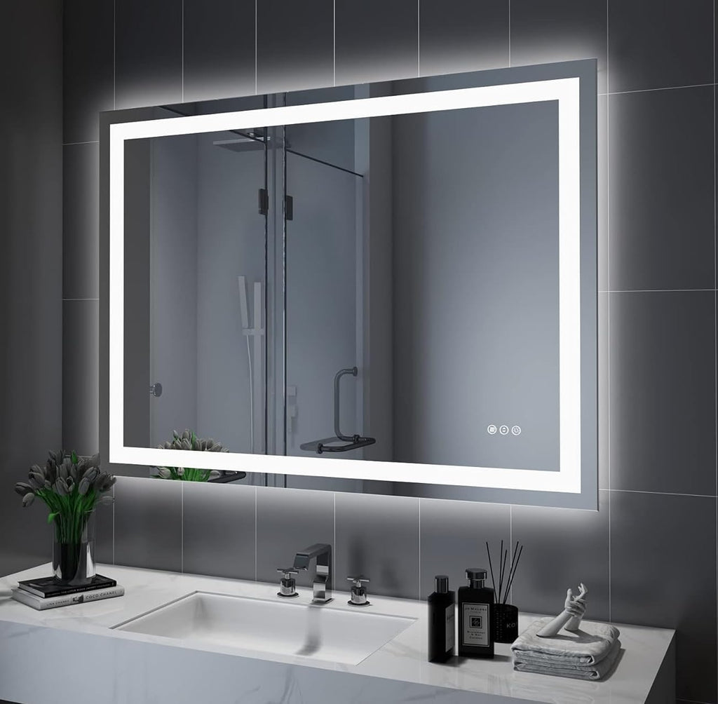 Amorho LED Bathroom Mirror, 48"x 32" with Front and Backlight, Stepless Dimmable Wall Mirrors with Anti-Fog, Shatter-Proof, Memory, 3 Colors, Double LED Vanity Mirror