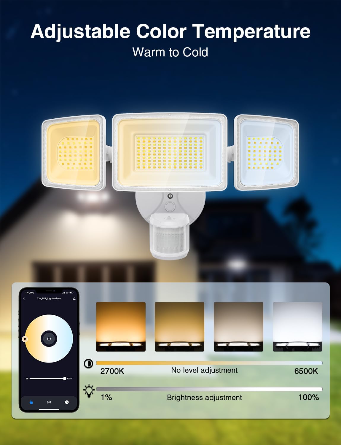 Onforu 100W Smart LED Security Lights Motion Sensor Outdoor 9000LM, 2500K-6500K, WiFi Alexa Flood Light APP Control, Motion Detector with Adjustable 3 Head, IP65 Wall Light for Yard (White)