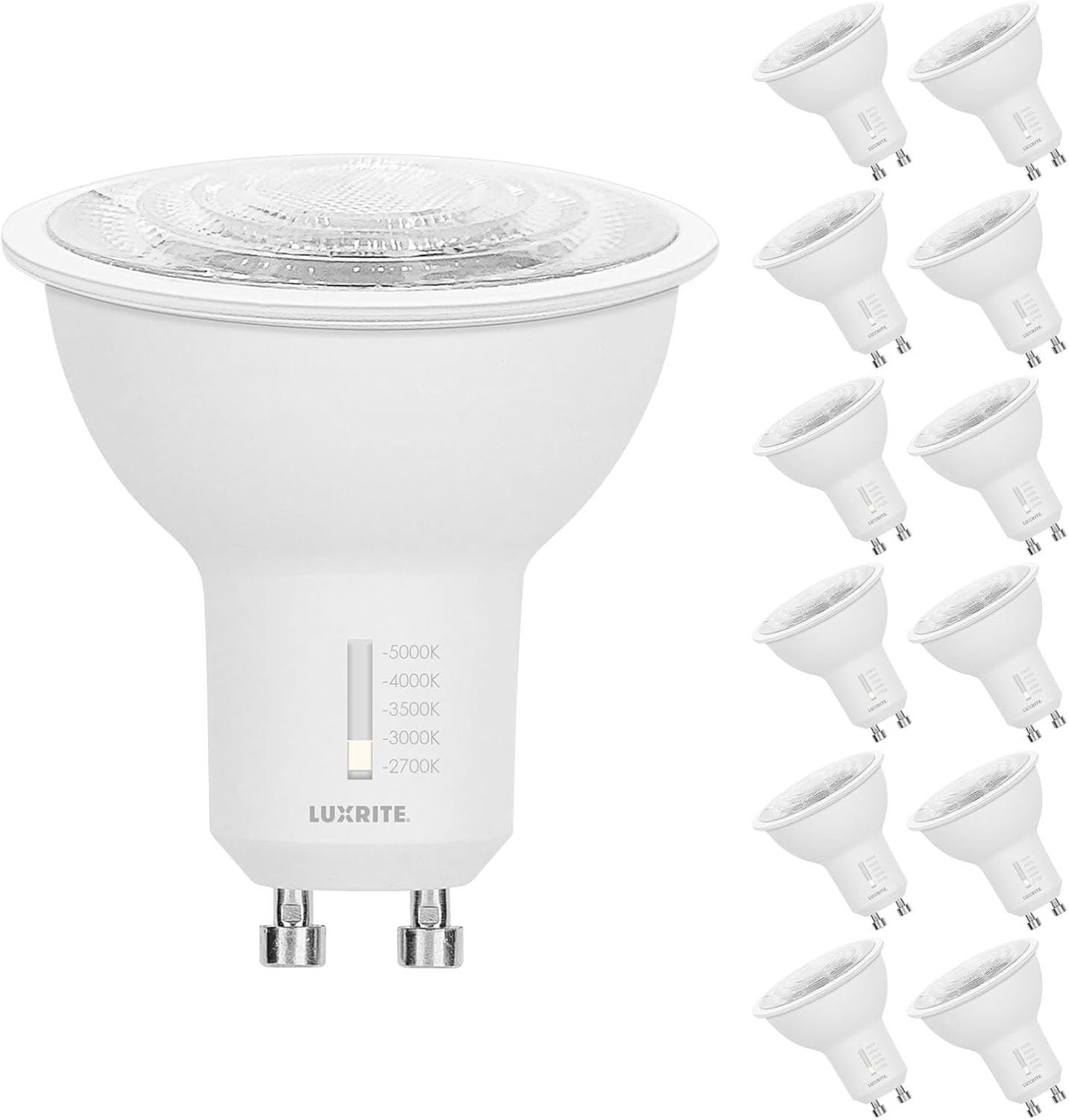 LUXRITE GU10 LED Bulbs Dimmable, 50W Halogen Equivalent, 5 Color Selectable 2700K-5000K, 6.5 Watt, 500 Lumens, 120V Spotlight LED Bulb GU10, Enclosed Fixture Rated (12 Pack)