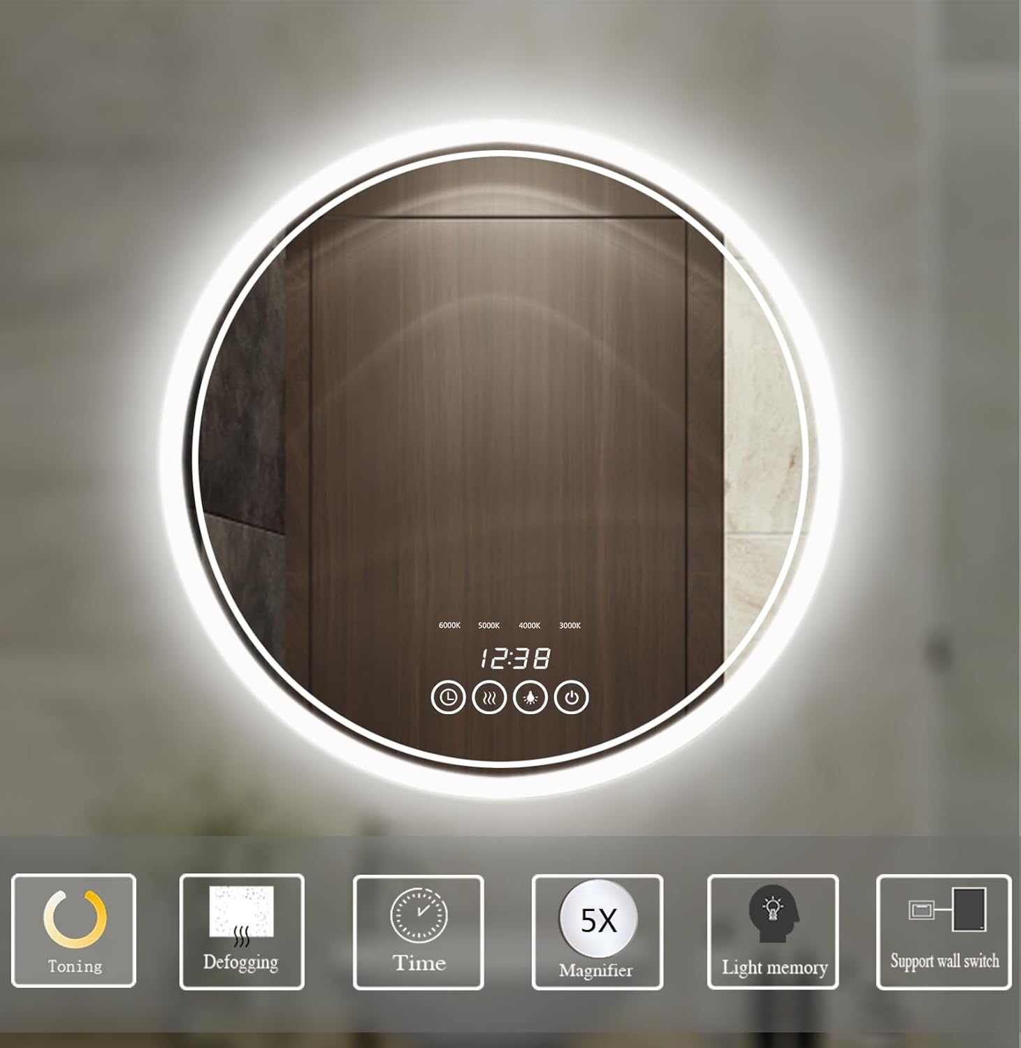 Wall-Mounted Round Bathroom Mirror with LED-Lights - 36 Inch Vanity Mirrors with Dimmable (36" x 36",Frameless)