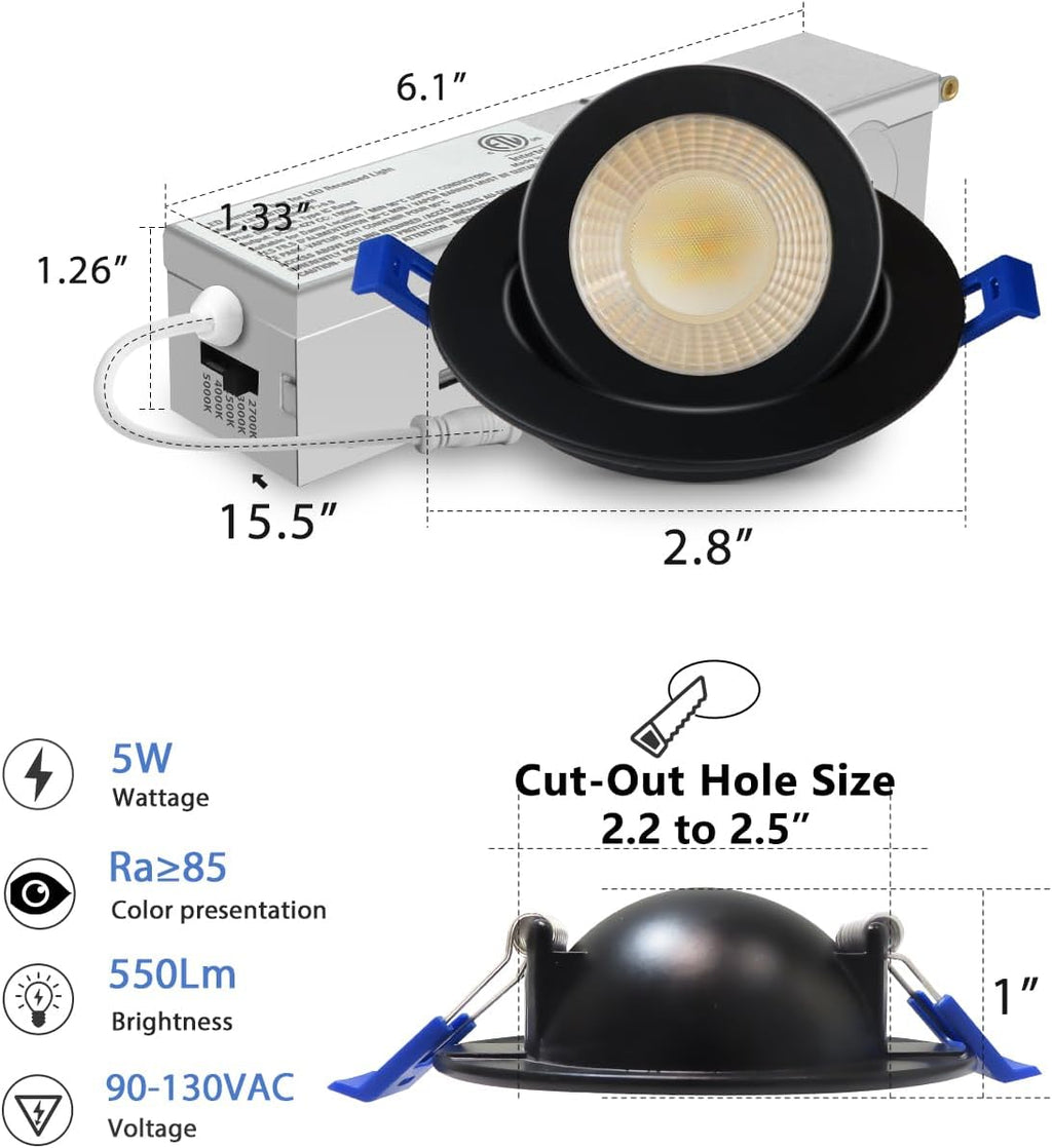 Adetu 2 Inch 5CCT Gimbal Black Led Recessed Lighting with Junction Box, 360°+90° Adjustable Led Recessed Lights, 2700K/3000K/3500K/4000K/5000K, 5W Eqv 50W, 550LM Brightness - ETL (Black, 1 Pack)
