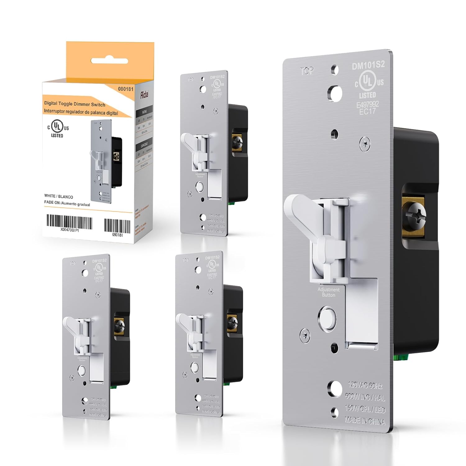 AIDA Toggle Slide Dimmer Switch for Dimmable LED Light/CFL/Incandescent 600 Watt max, Single-Pole or 3-Way, Rocker On/Off Wall Switch with Dimmer Slider, Wall Plate NOT Included, UL, White, 4 Pack
