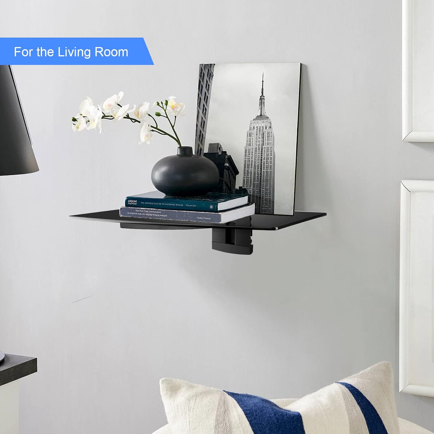 suptek Glass Floating Shelf, 1 Tier Media Shelf for TV Accessories, Flat Black Wall Mount Bracket, 17.6lbs Weight Capacity, Quick Installation, Cable Management, Custom Style, Backless