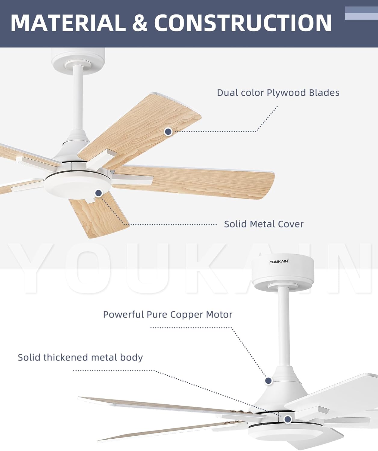 YOUKAIN Smart Ceiling Fan - 42 Inch White Ceiling Fan No Light, Voice & Remote Control, Reversible Blades, Living Room, Bedroom, 42-YJ812-WH-NL