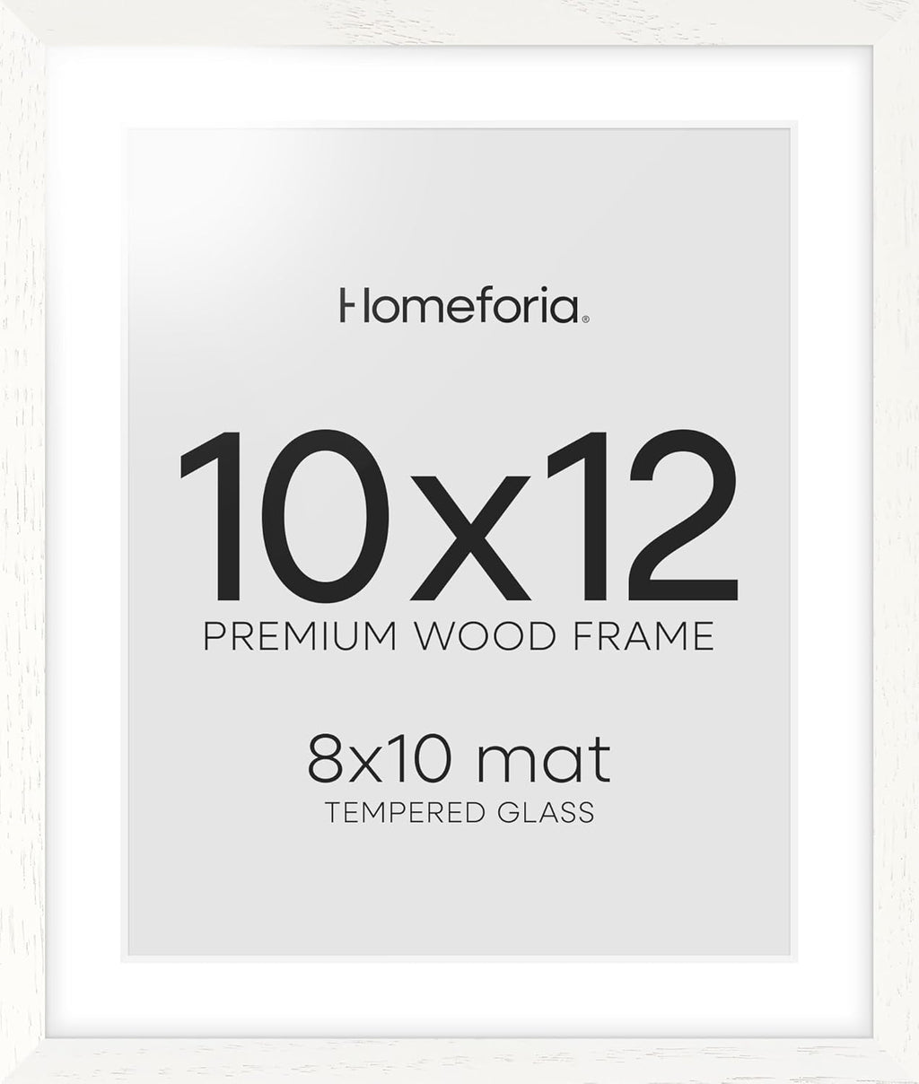 Homeforia White Frame 10x12 Wood, High End Oak 10x12 Picture Frames with Mat 8x10, 10 x 12 White Wooden Poster Frame Matted to 8 x 10 inch Photo, 12by10 Thin Frames, Tempered Glass, Wall Kit, Set of 1