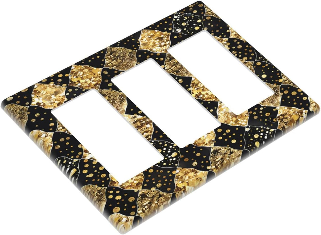 Gold Black Marble Geometric Plaid Glitter Light Switch Covers 3 Gang Rocker Decorative Triple Outlet Wall Plate Cover Electrical GFCI Switchplate for Bedroom Bathroom Decor