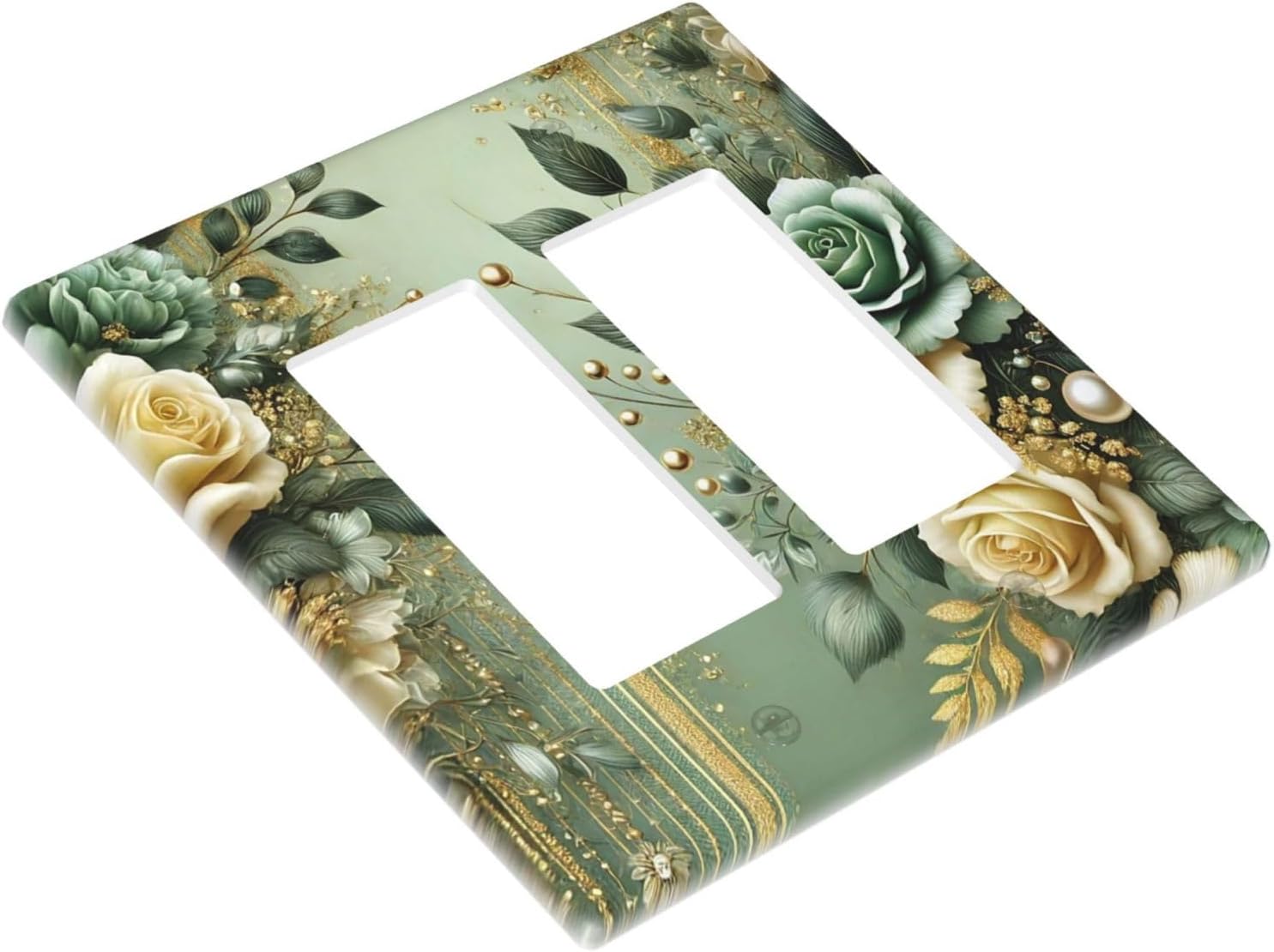 Decorative Outlet Covers Rustic Green Floral Leaves Teal Flowers Gold Stripe 2 Gang Wall Plate Double Rocker Two Switch Wall Cover Plate Jumbo Dual GFCI Faceplate