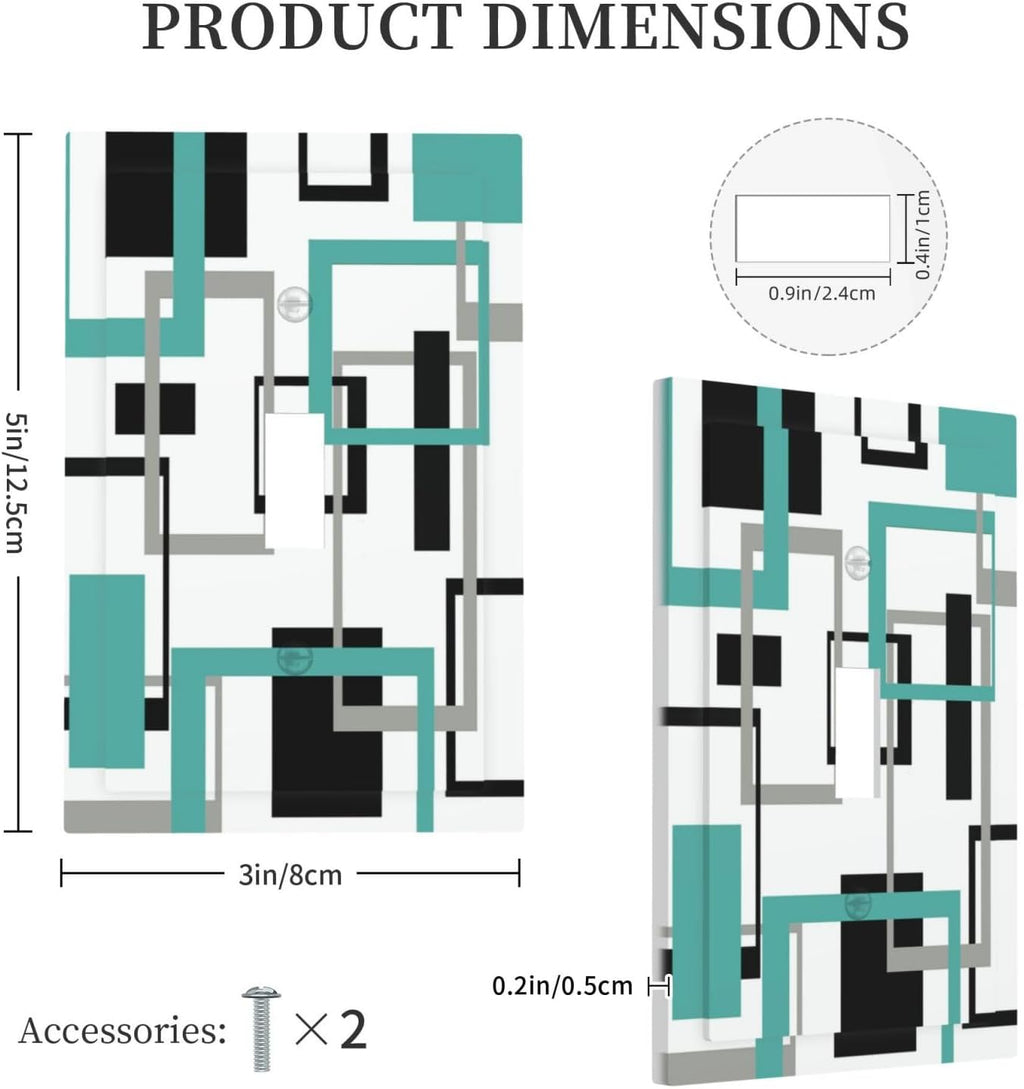 Geometric Turquoise Black Gray Modern Abstract Boho Decorative Light Switch Cover 1 Gang Single Toggle Device Electrical Faceplate Switchplates Decorator Outlet Wall Plate for Office Nursery Decor