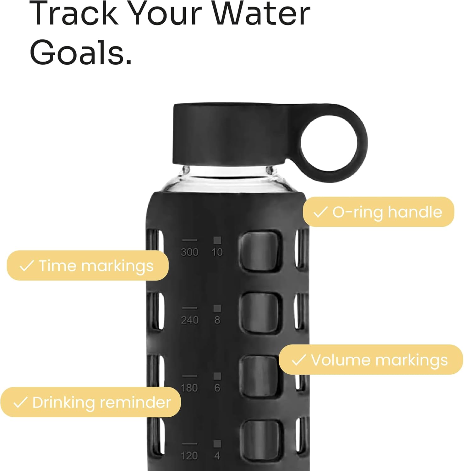purifyou 40oz / 32oz / 22oz / 12oz Borosilicate Glass Water Bottle with Time & Volume Markers, Silicone Sleeve, Stainless Steel Lid | Reusable Glass Bottle for Water & Juice (12oz JetBlack)